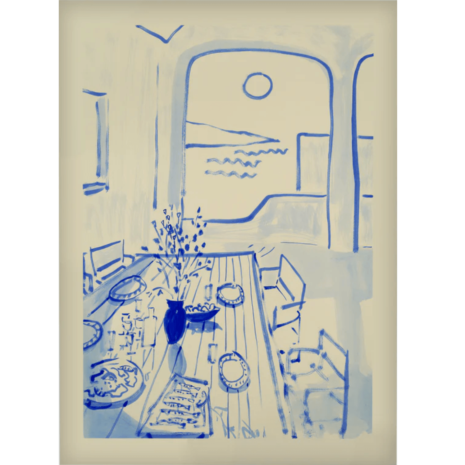 Blue line drawing of a room overlooking the water with a dining table setup on a beige background