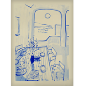 Blue line drawing of a room overlooking the water with a dining table setup on a beige background
