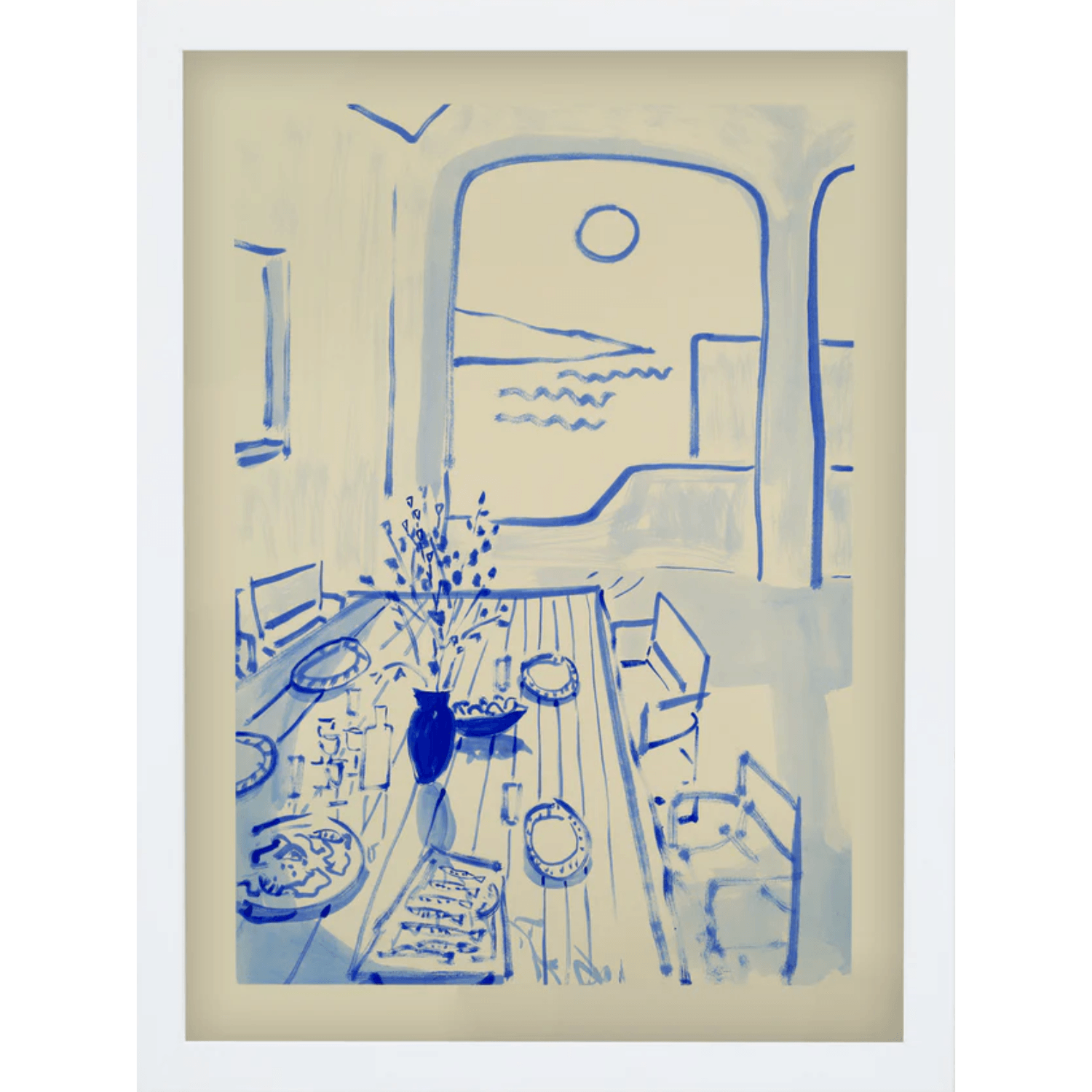 Blue line drawing of a room overlooking the water with a dining table setup on a beige background with a white border. 