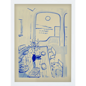 Blue line drawing of a room overlooking the water with a dining table setup on a beige background with a white border. 