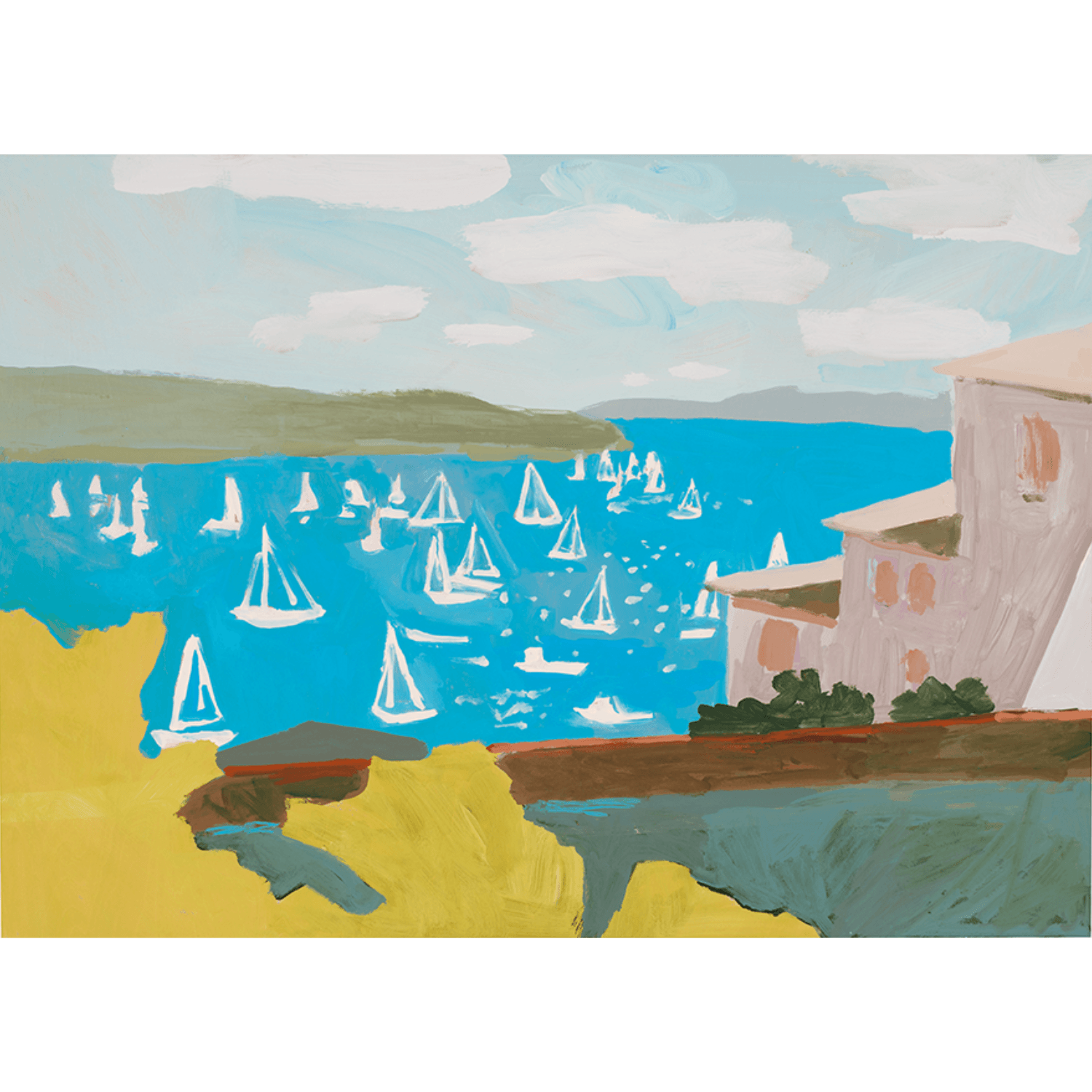 Painting of a coastal scene with boats in the water and buildings on the shore.