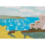 Painting of a coastal scene with boats in the water and buildings on the shore.