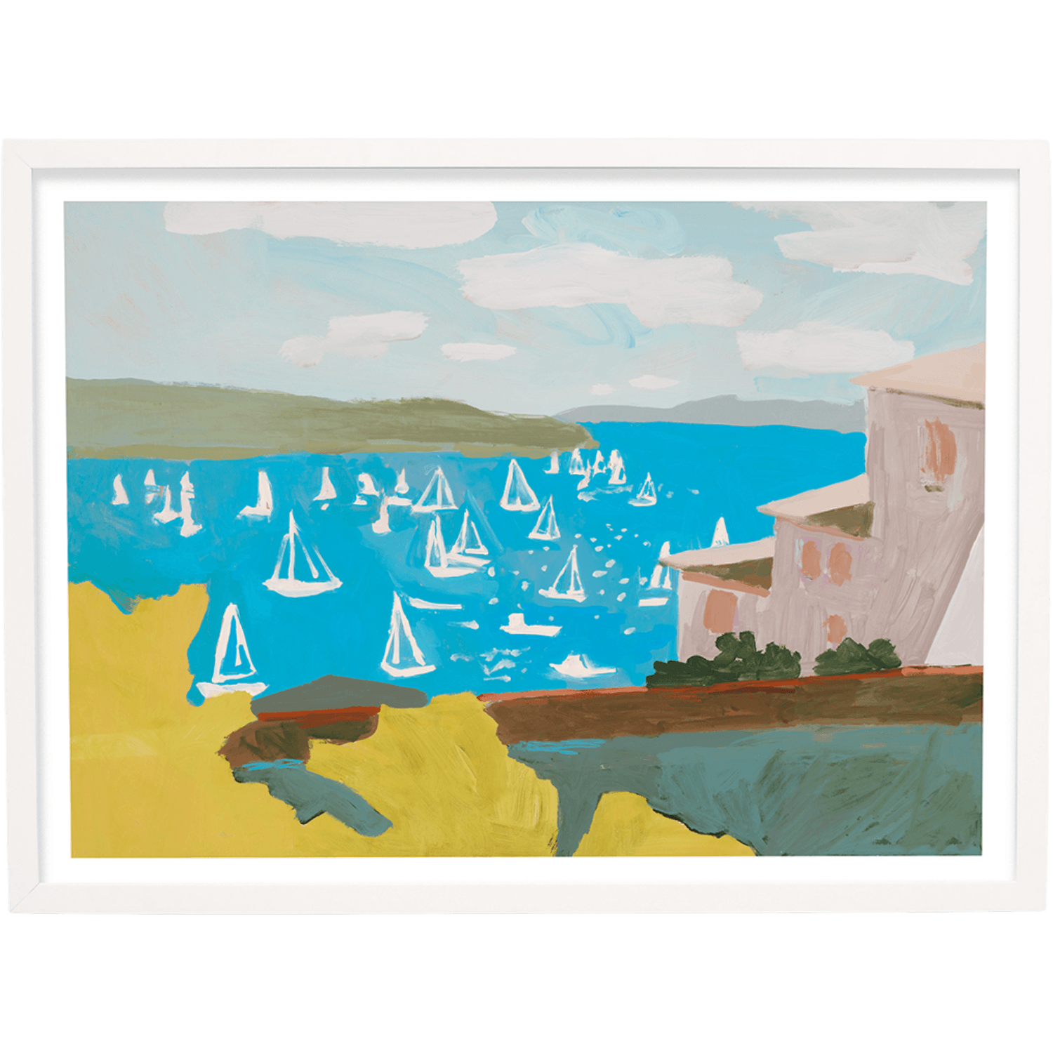 Painting of a coastal scene with sailboats, buildings, and a blue sky.