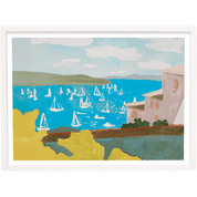 Painting of a coastal scene with sailboats, buildings, and a blue sky.