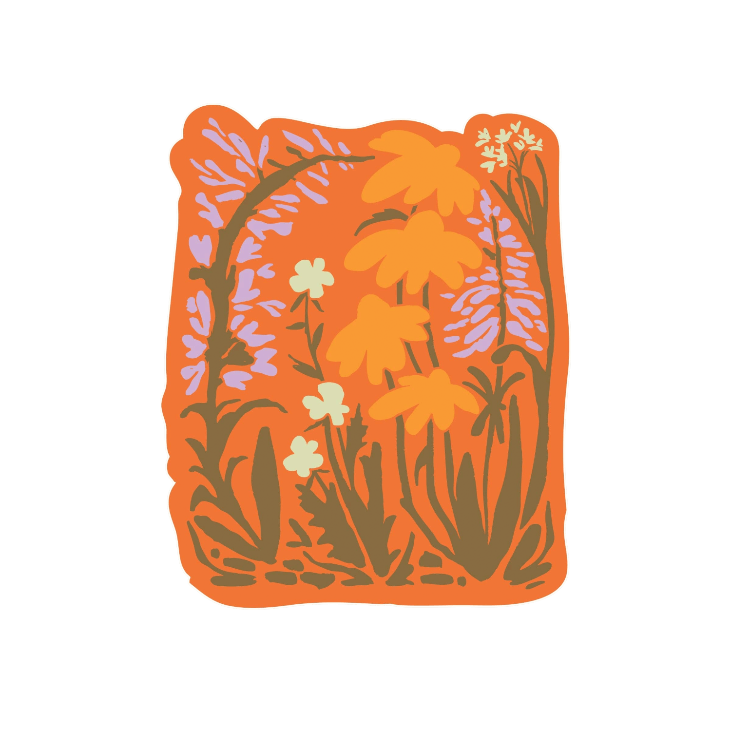 A stylized botanical illustrated sticker featuring orange flowers and leaves with lavender and cream accents and an orange background. 