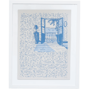 Framed artwork with a blue and cream illustration of a open door and lantern on a speckled background. The french doors are open to a balcony with a view of a lake and boats.