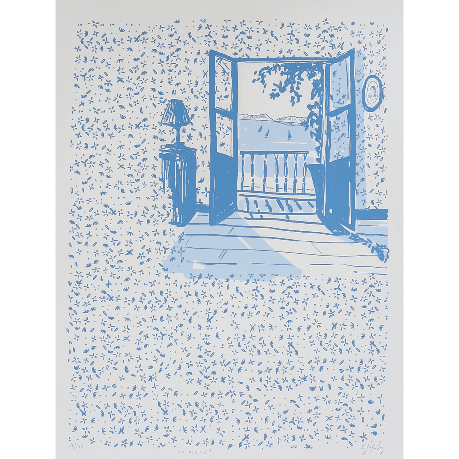 Artwork with a blue and cream illustration of a open door and lantern on a speckled background. The french doors are open to a balcony with a view of a lake and boats.