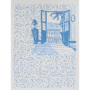 Artwork with a blue and cream illustration of a open door and lantern on a speckled background. The french doors are open to a balcony with a view of a lake and boats.