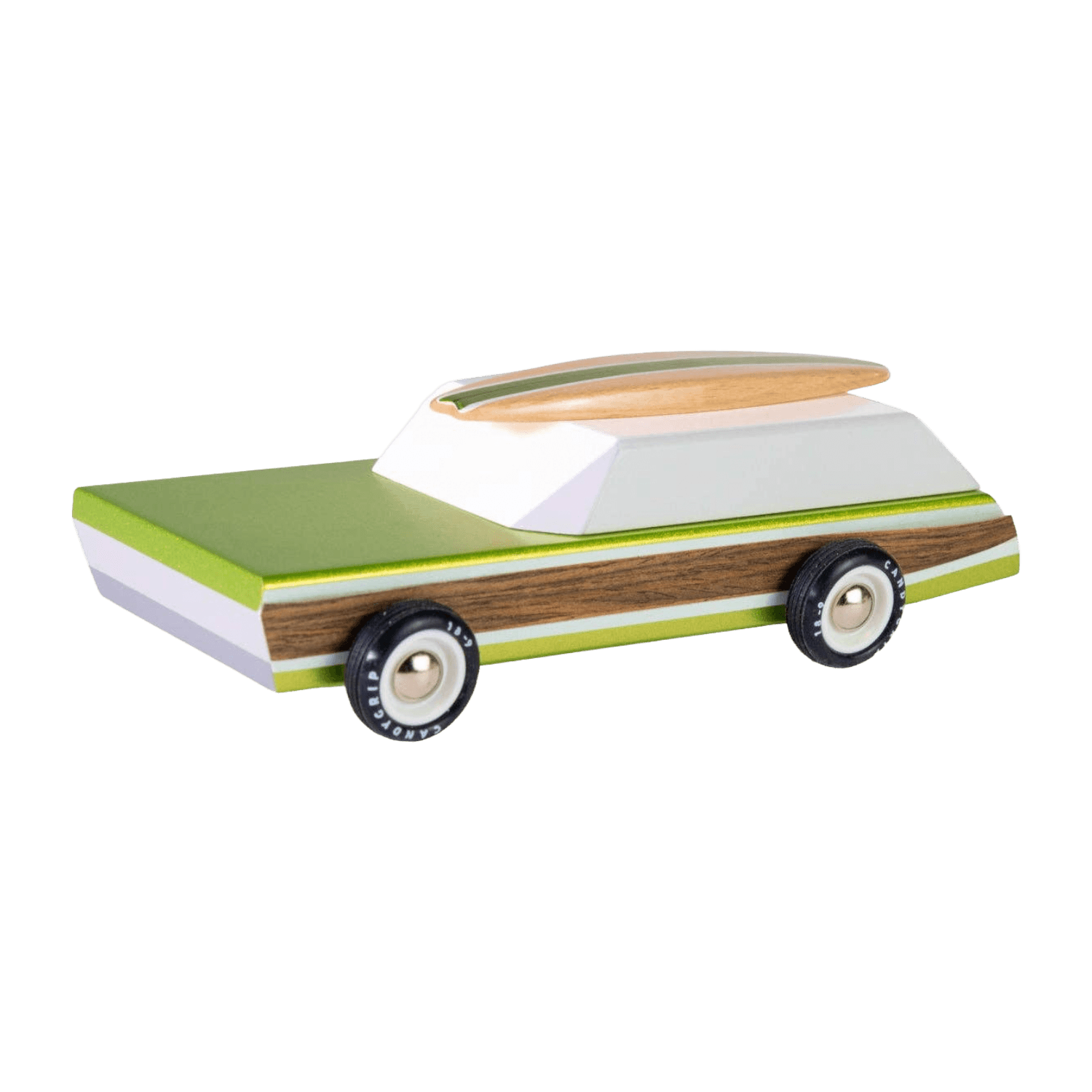 Wooden toy car with green body, white top, and brown sides