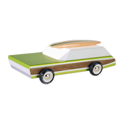 Wooden toy car with green body, white top, and brown sides