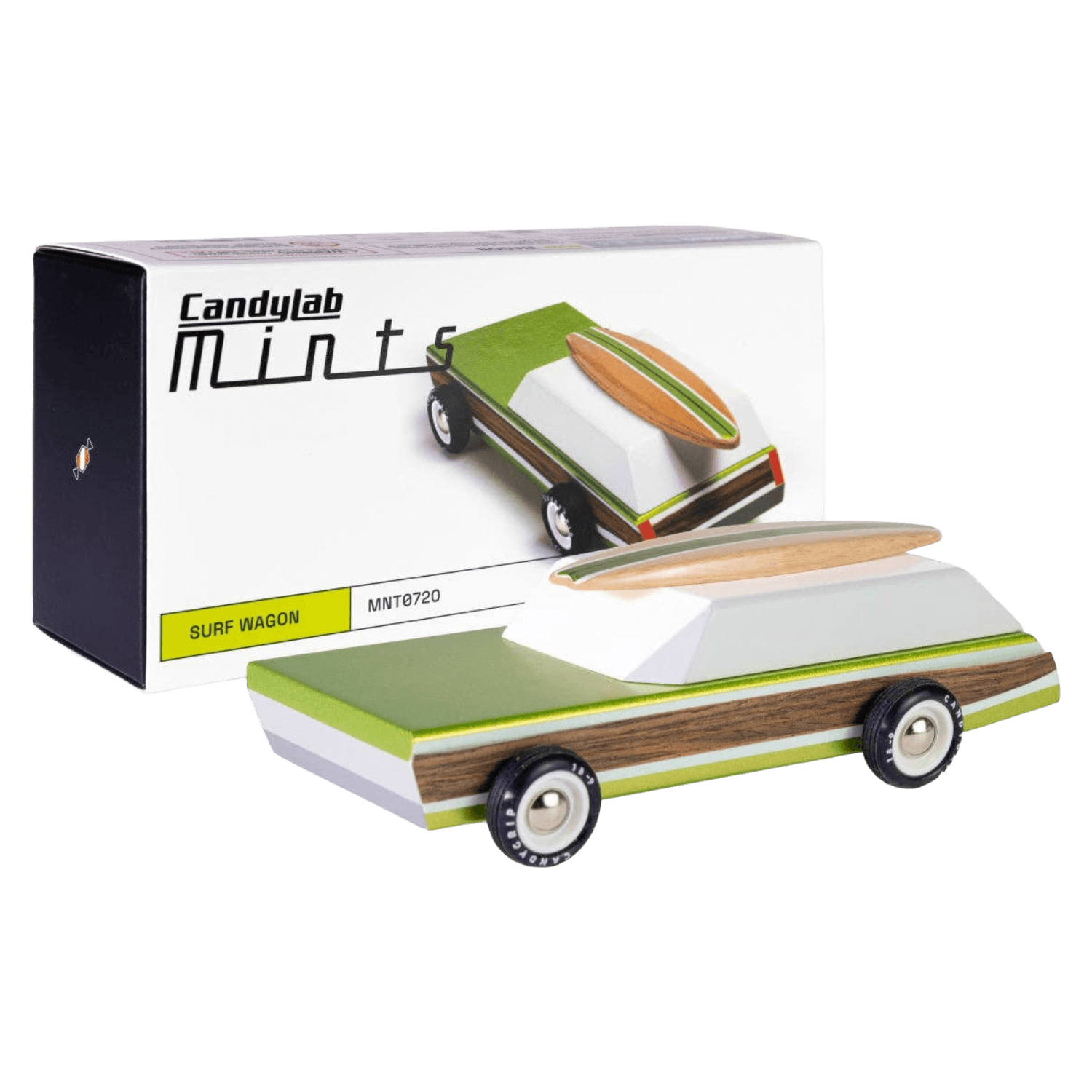 Wooden toy surf wagon with a box displaying the product