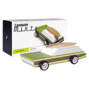 Wooden toy surf wagon with a box displaying the product