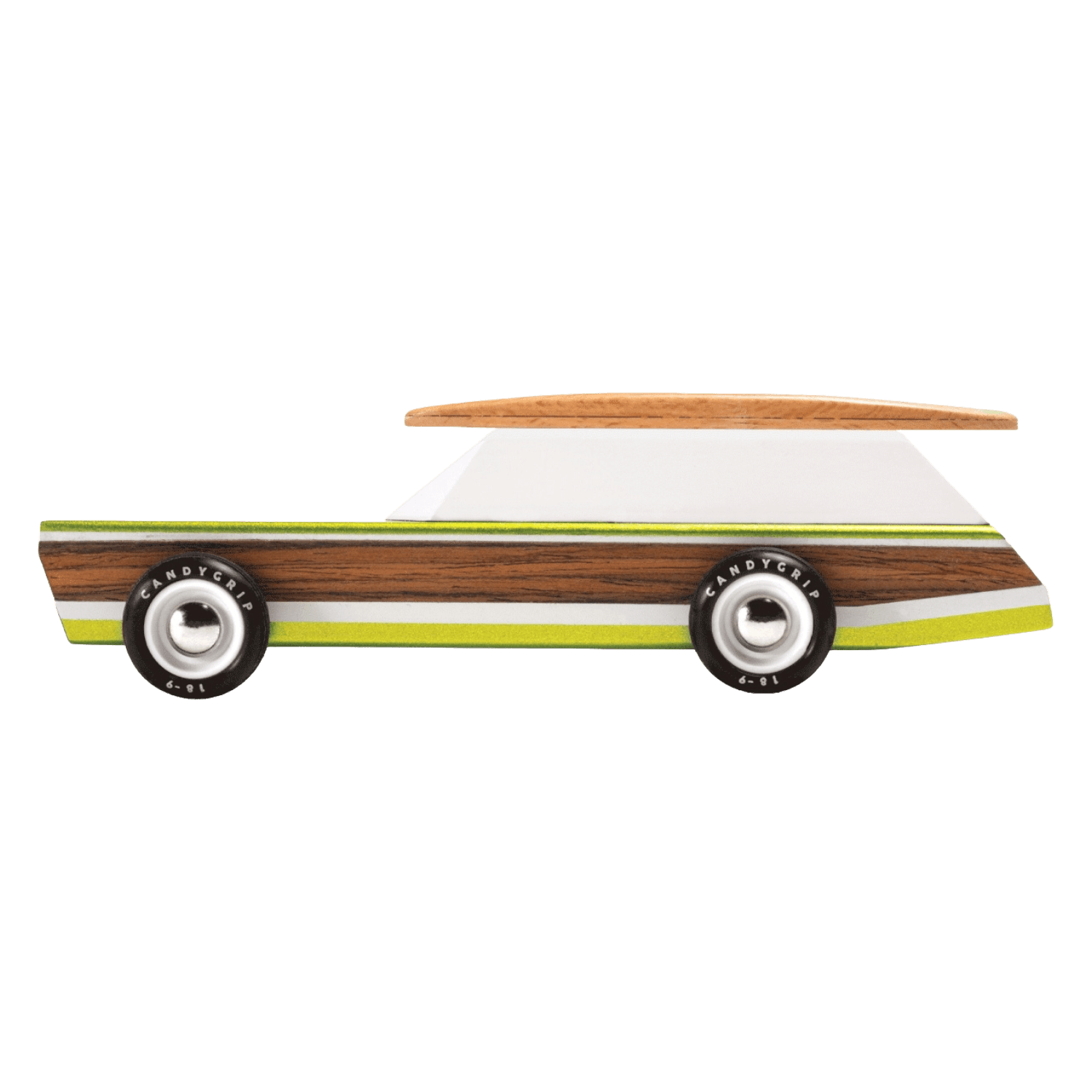 Wooden toy car with a white body, brown roof, and green stripes