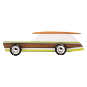 Wooden toy car with a white body, brown roof, and green stripes