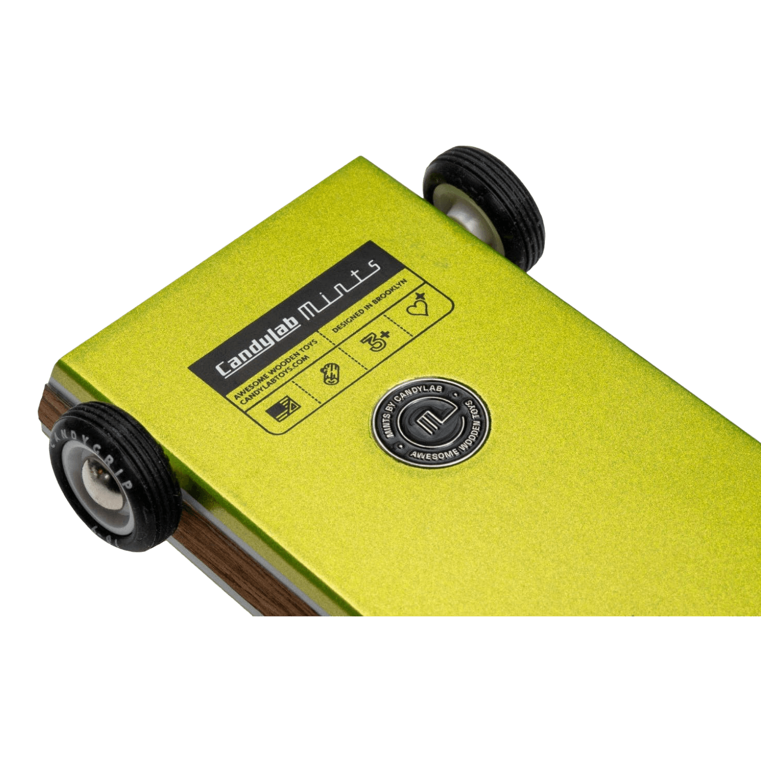 Green toy car with visible branding