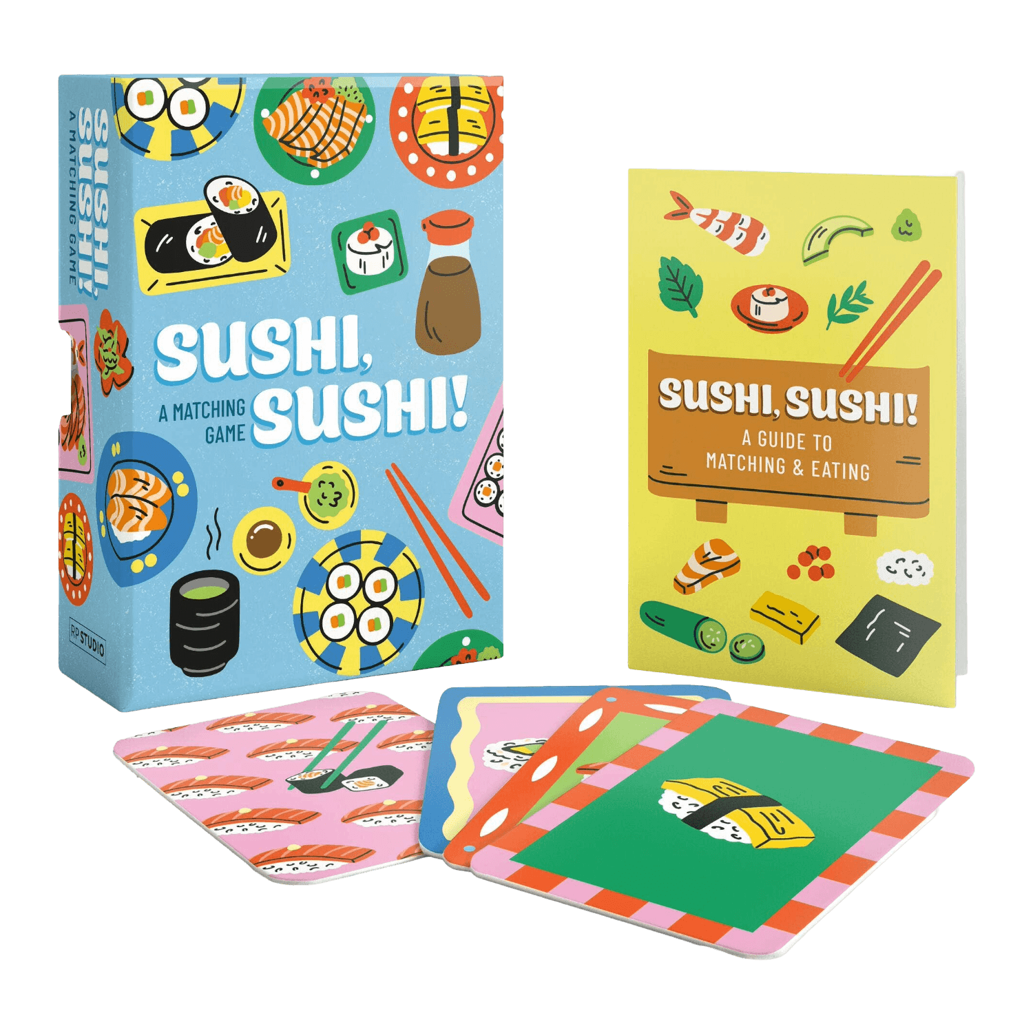 Sushi-themed matching game with colorful packaging and cards