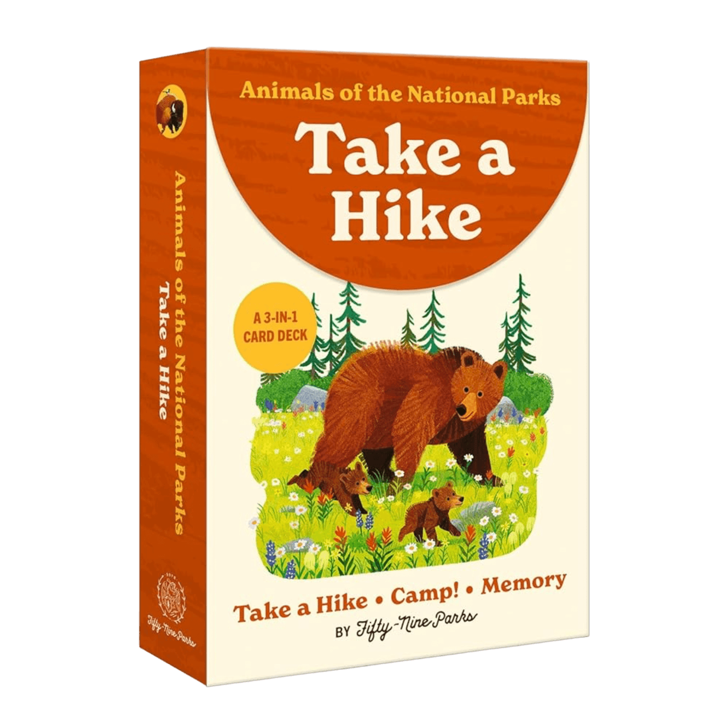 Card deck packaging for 'Take a Hike' with an illustration of a bear and two cubs in a forest. 