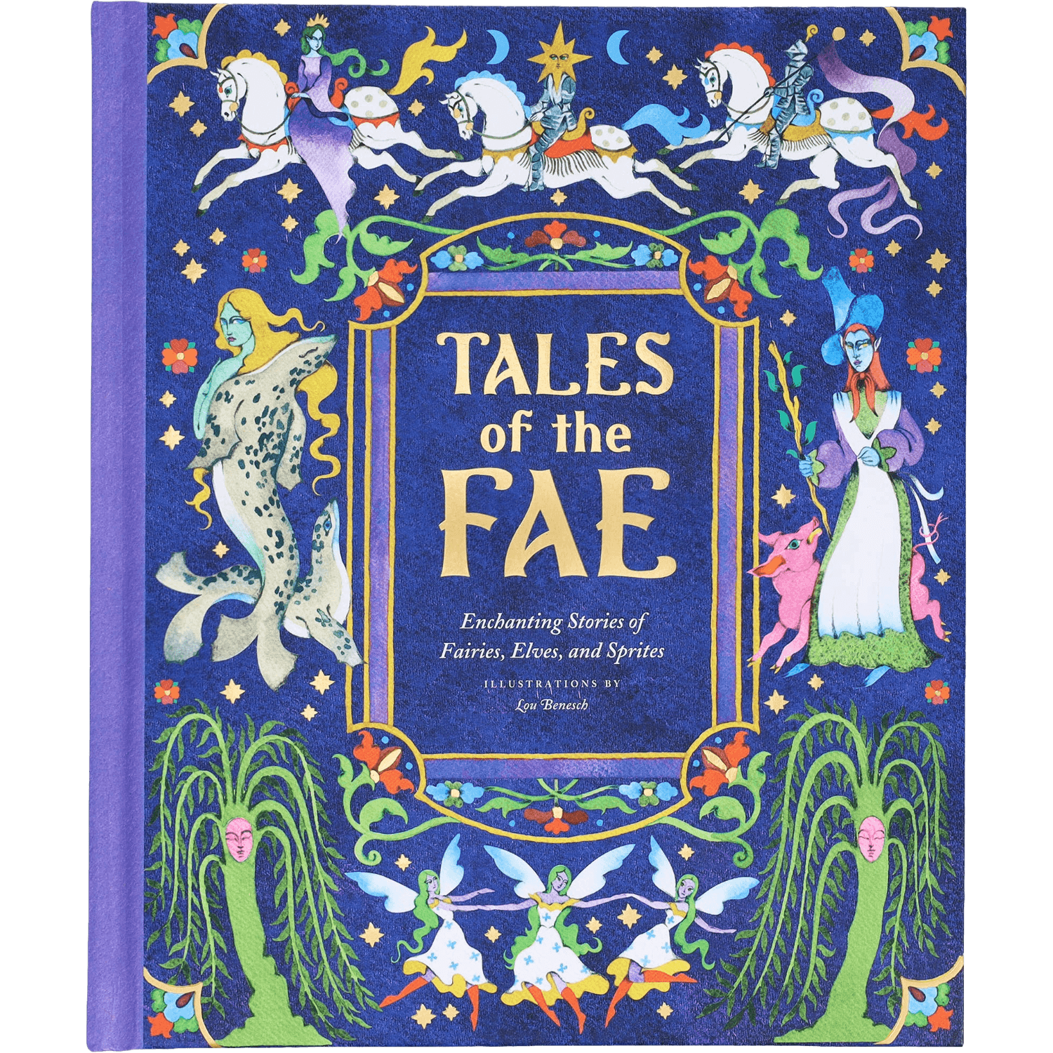 Book cover of 'Tales of the Fae' with colorful illustrations of fairies and elves on a blue background.