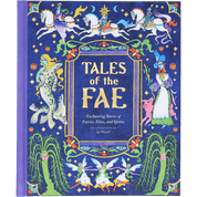 Book cover of 'Tales of the Fae' with colorful illustrations of fairies and elves on a blue background.