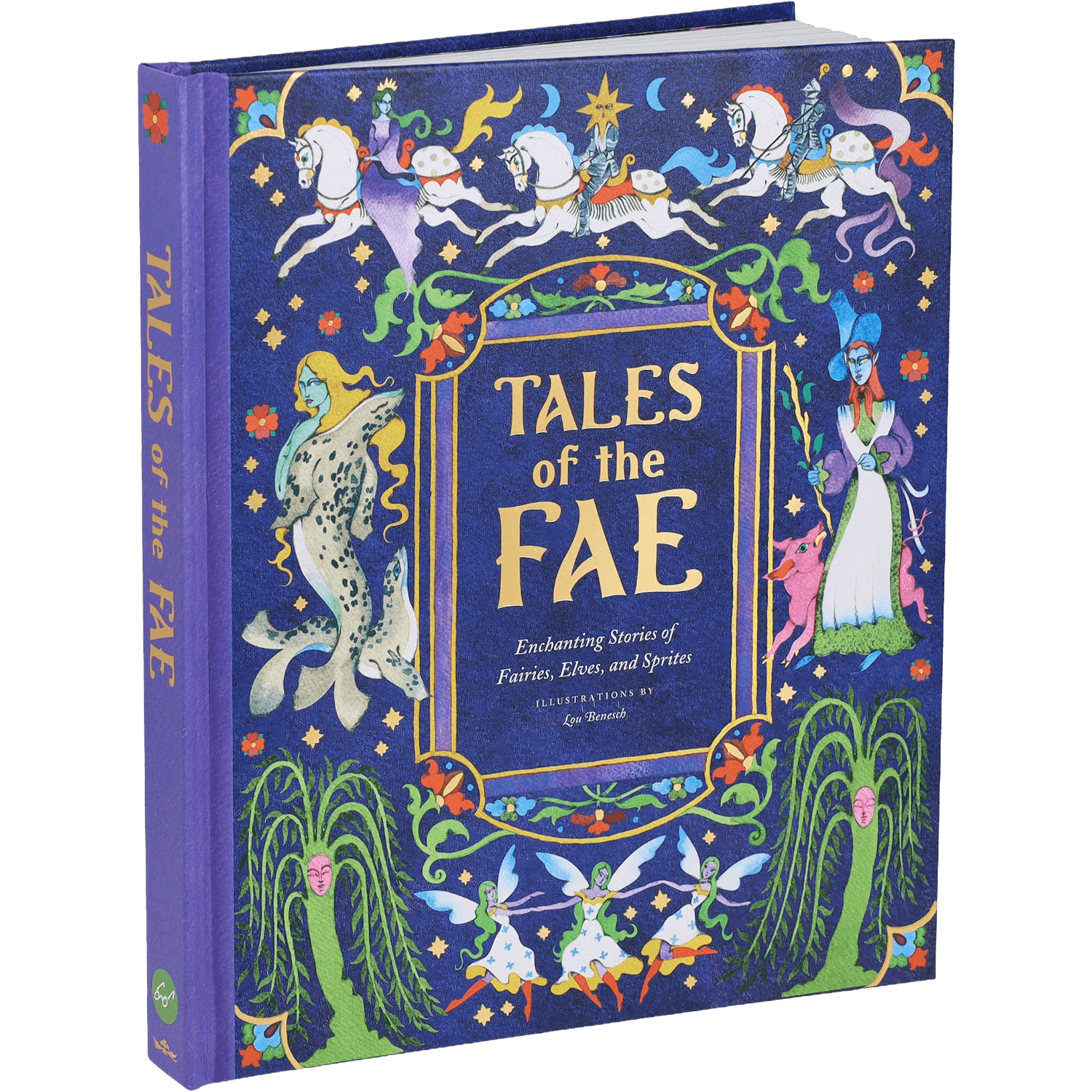 Book titled 'Tales of the Fae' with colorful illustrations on a blue background