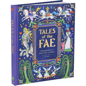 Book titled 'Tales of the Fae' with colorful illustrations on a blue background