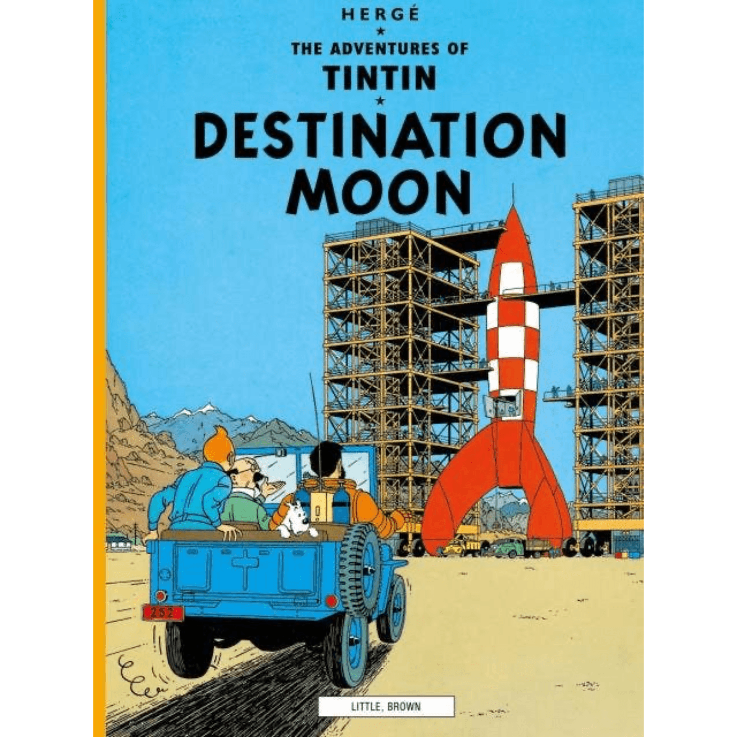 Book cover of 'Destination Moon' featuring Tintin and a rocket