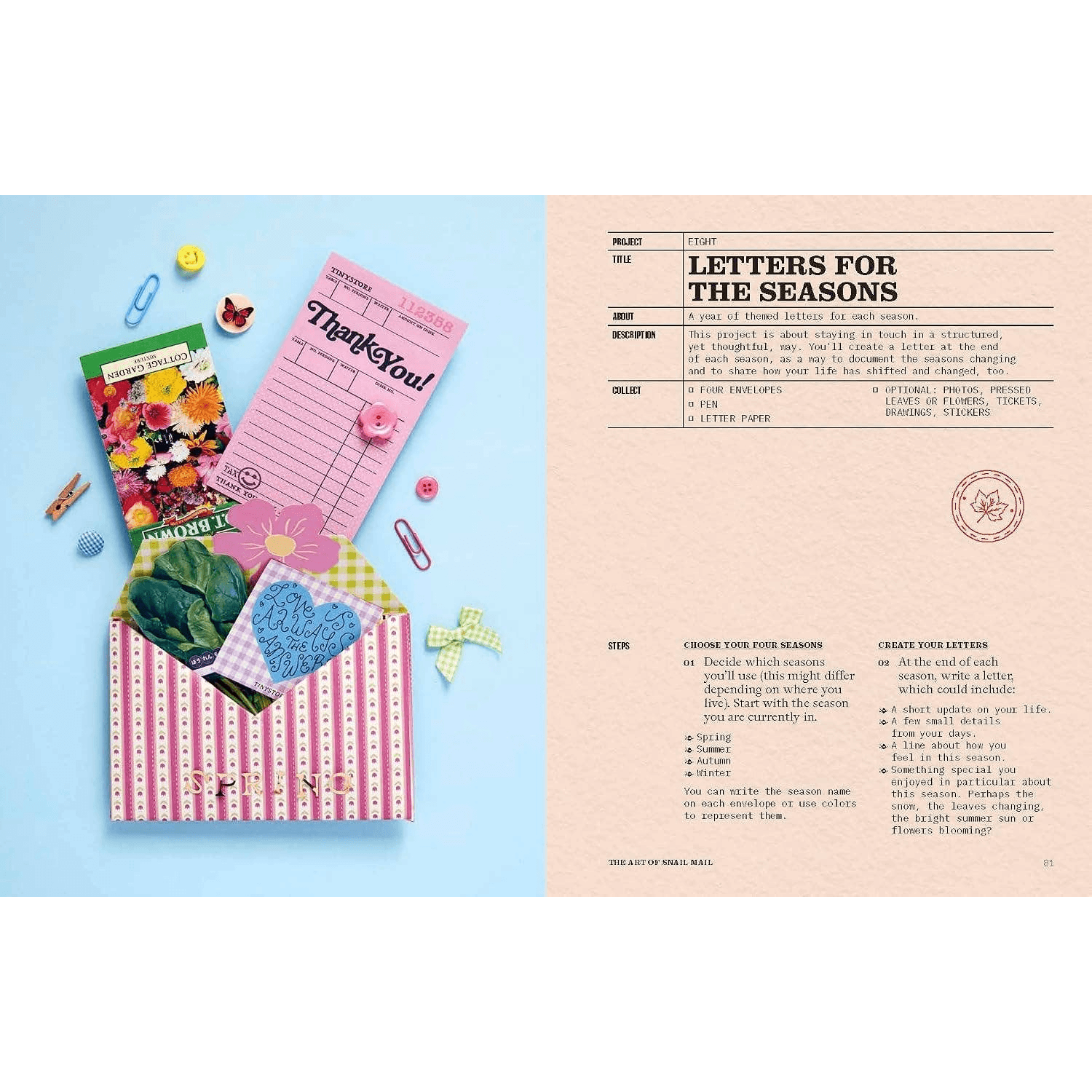 A flat-lay presentation of a craft prompt titled 'Letters for the Seasons'. The art includes a pink striped envelope, a colorful floral letterhead, a pink lined 'Thank You!' note pad, a green 'Greeting Cards' booklet, and various paper clips and embellishments, all arranged on a light blue background next to an instruction sheet on a white background.