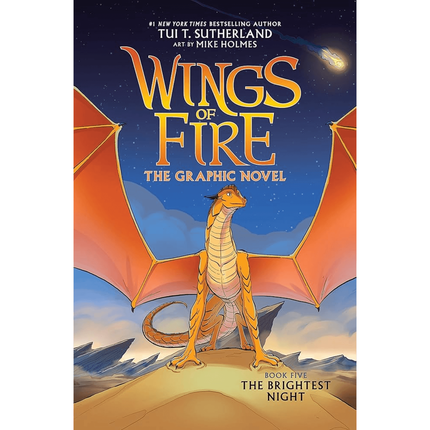 Book cover of 'Wings of Fire: The Graphic Novel' with a dragon on a mountain peak.