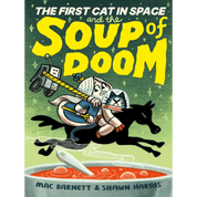 Book cover of 'The First Cat in Space and the Soup of Doom' with a girl and a cat on a jumping black horse over a pot of boiling red soup