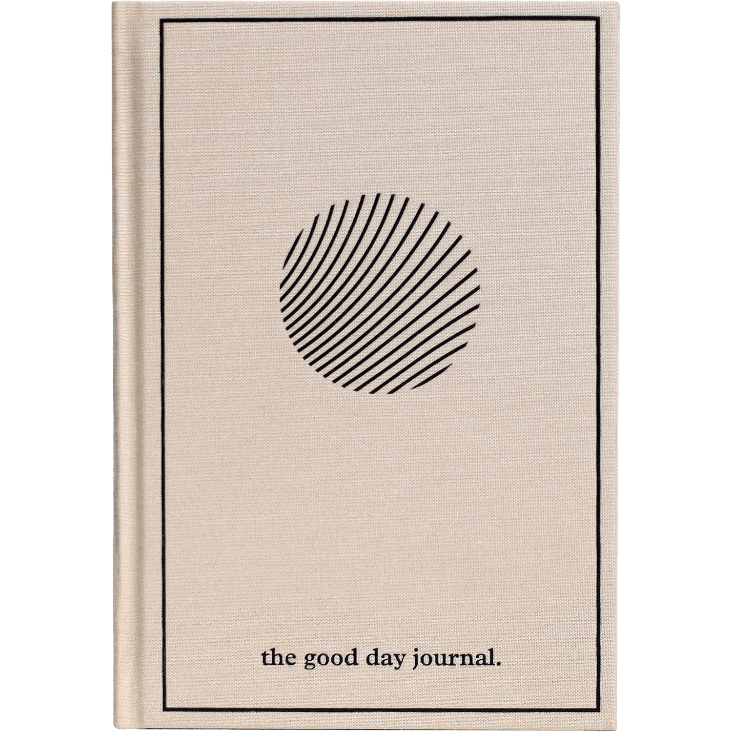 Cream journal with black circular design and 'the good day journal' text