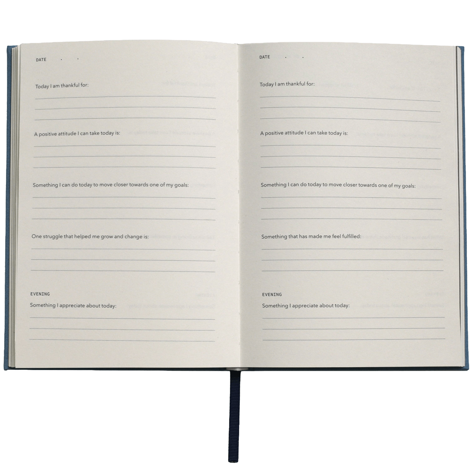 Open notebook with daily reflection prompts.