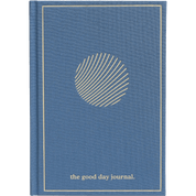 Blue journal with a circular design and 'the good day journal' text