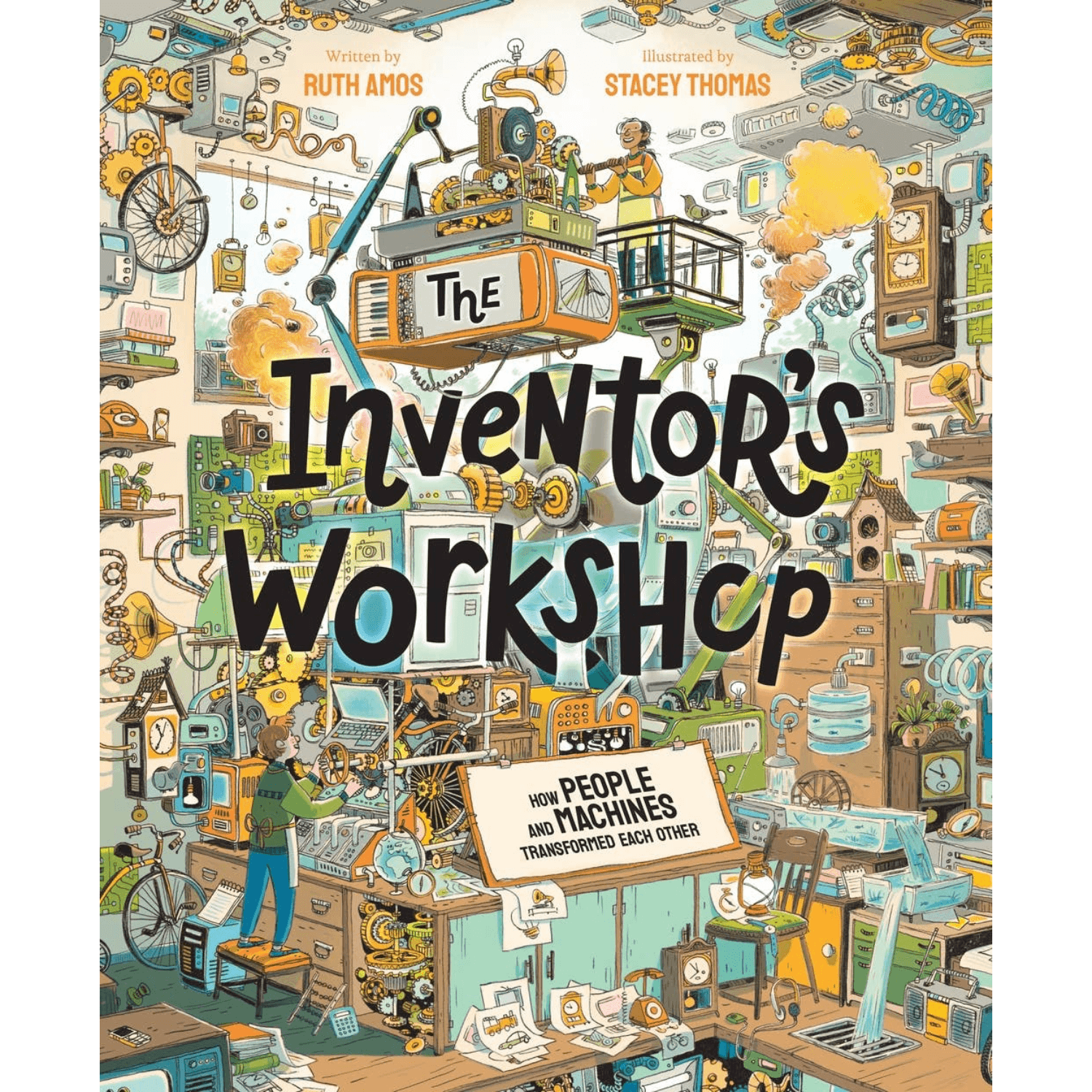 Book cover of 'The Inventor's Workshop' with illustrations of a workshop and people working.