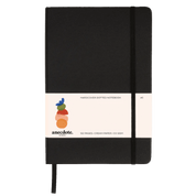 Black notebook with a white label