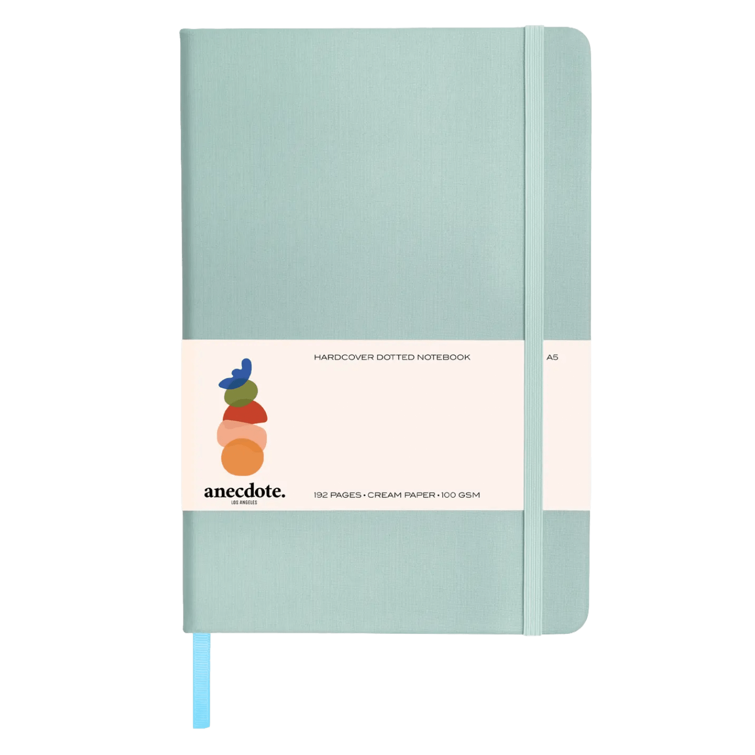 Light blue notebook with a white label 