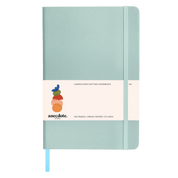 Light blue notebook with a white label 