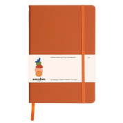 Orange notebook with a white label