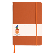 Orange notebook with a white label 