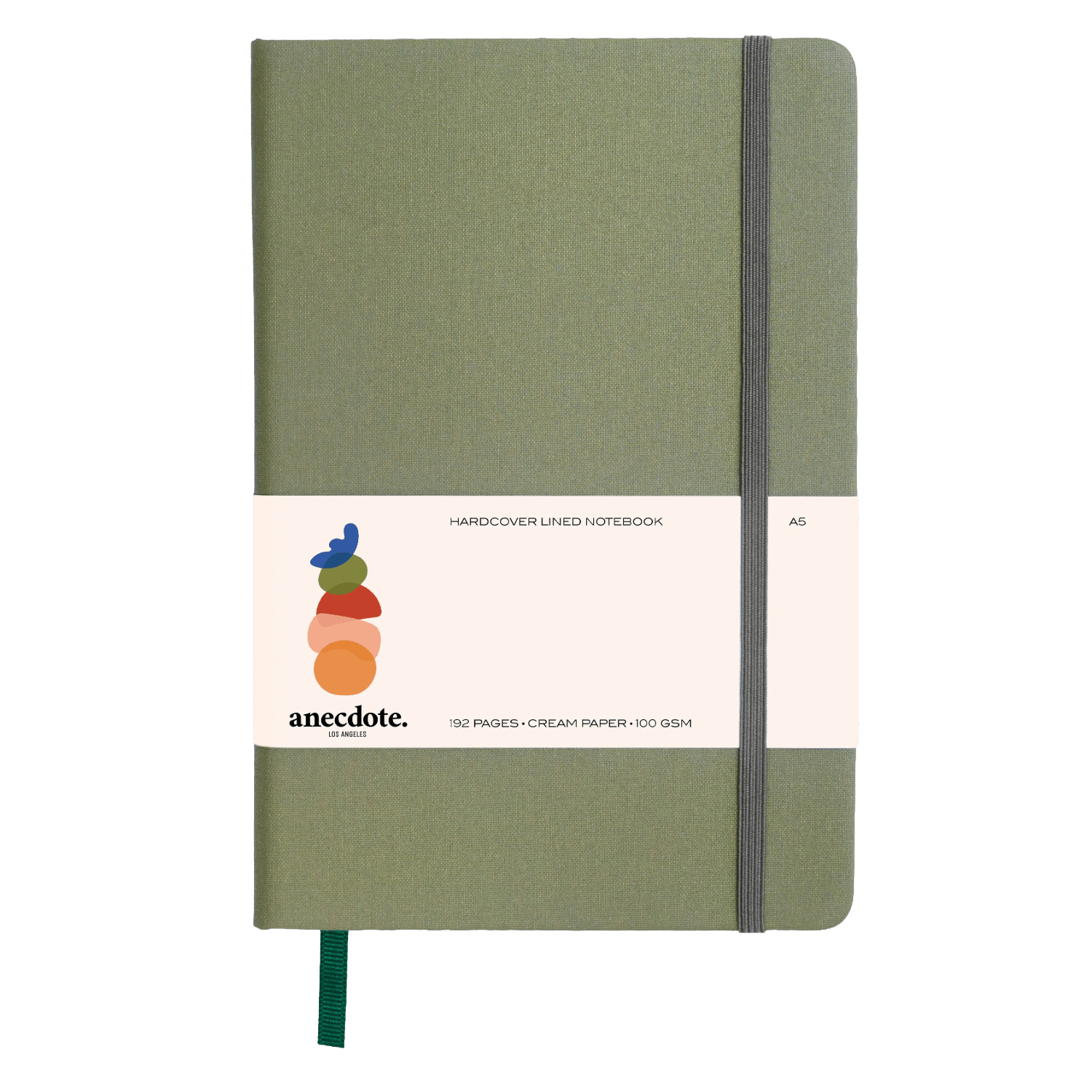 Green notebook with a visible brand label