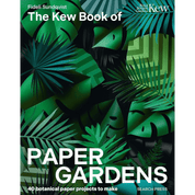 Front cover of the book 'The Kew Book of Paper Gardens' by Fideli Sundqvist, featuring a green and black botanical paper-cut design with large white title text and the Royal Botanic Gardens Kew logo.