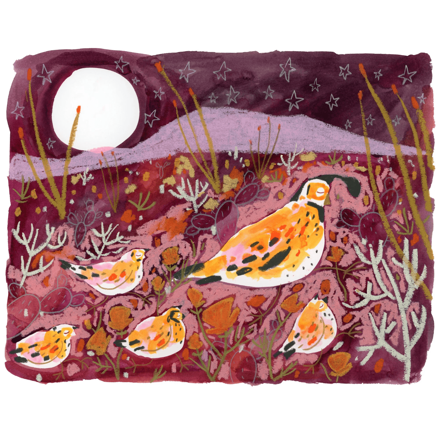 A painting of a quail family in the desert with a mountain and a full moon in the background using purples and yellows primarily, with pops of green, orange, and white.
