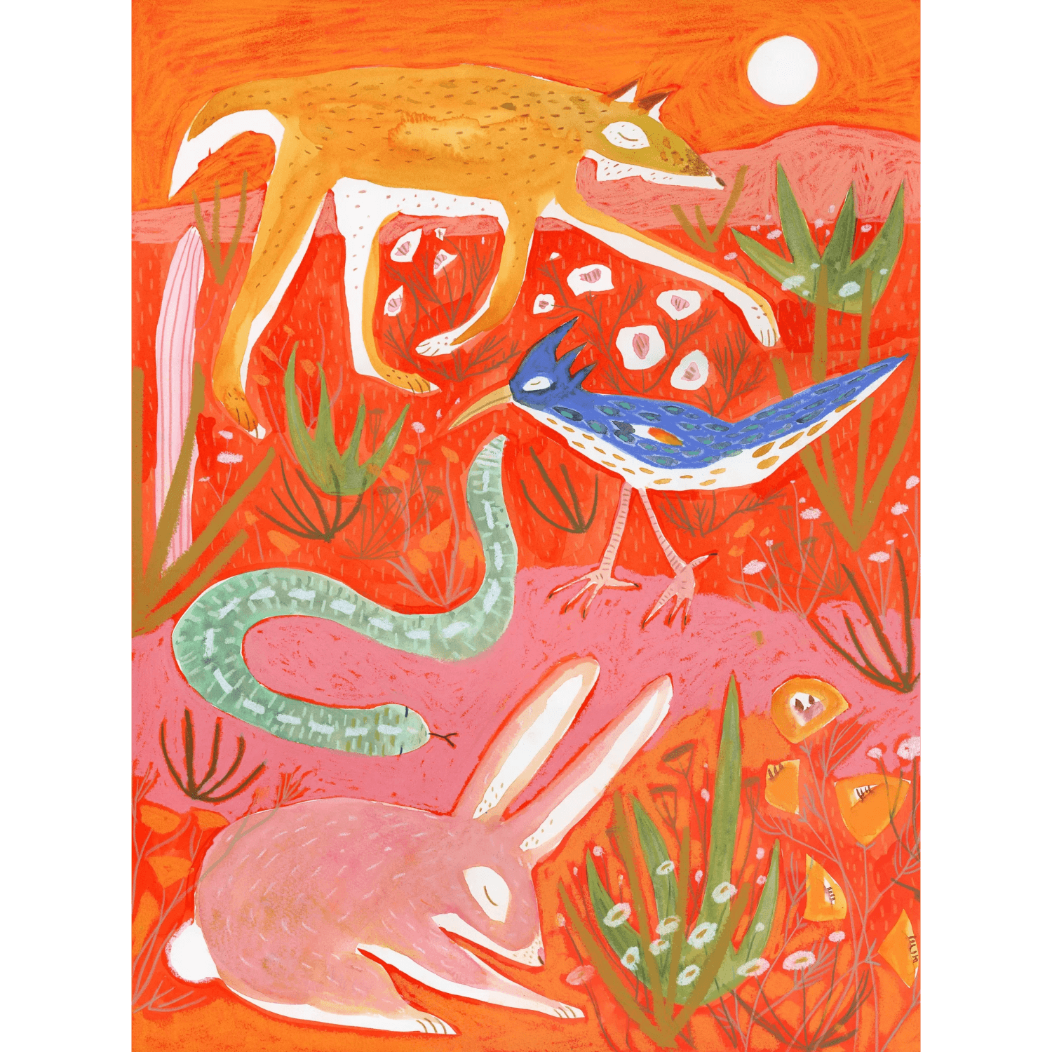 Illustration of a fox, bird, snake, and rabbit in a red desert landscape with a mountain and sun in the background.