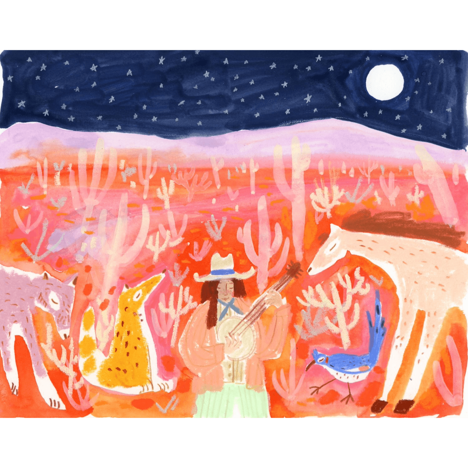 Illustration of a cowgirl playing a guitar with animals surrounded by a red desert and a full moon lit sky with stars. 
