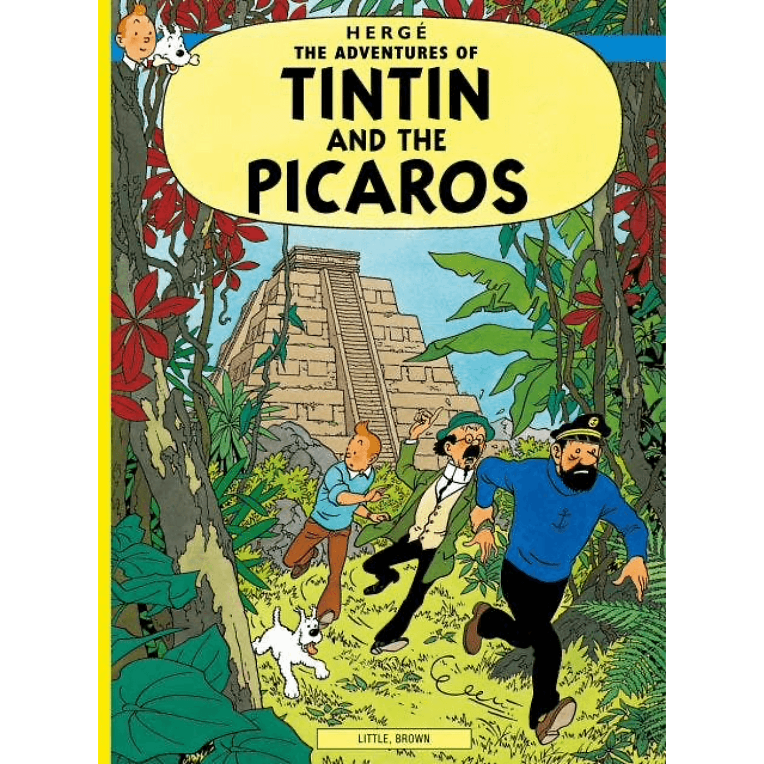 Book cover of 'The Adventures of Tintin and the Picaros' featuring Tintin and friends in a jungle setting.