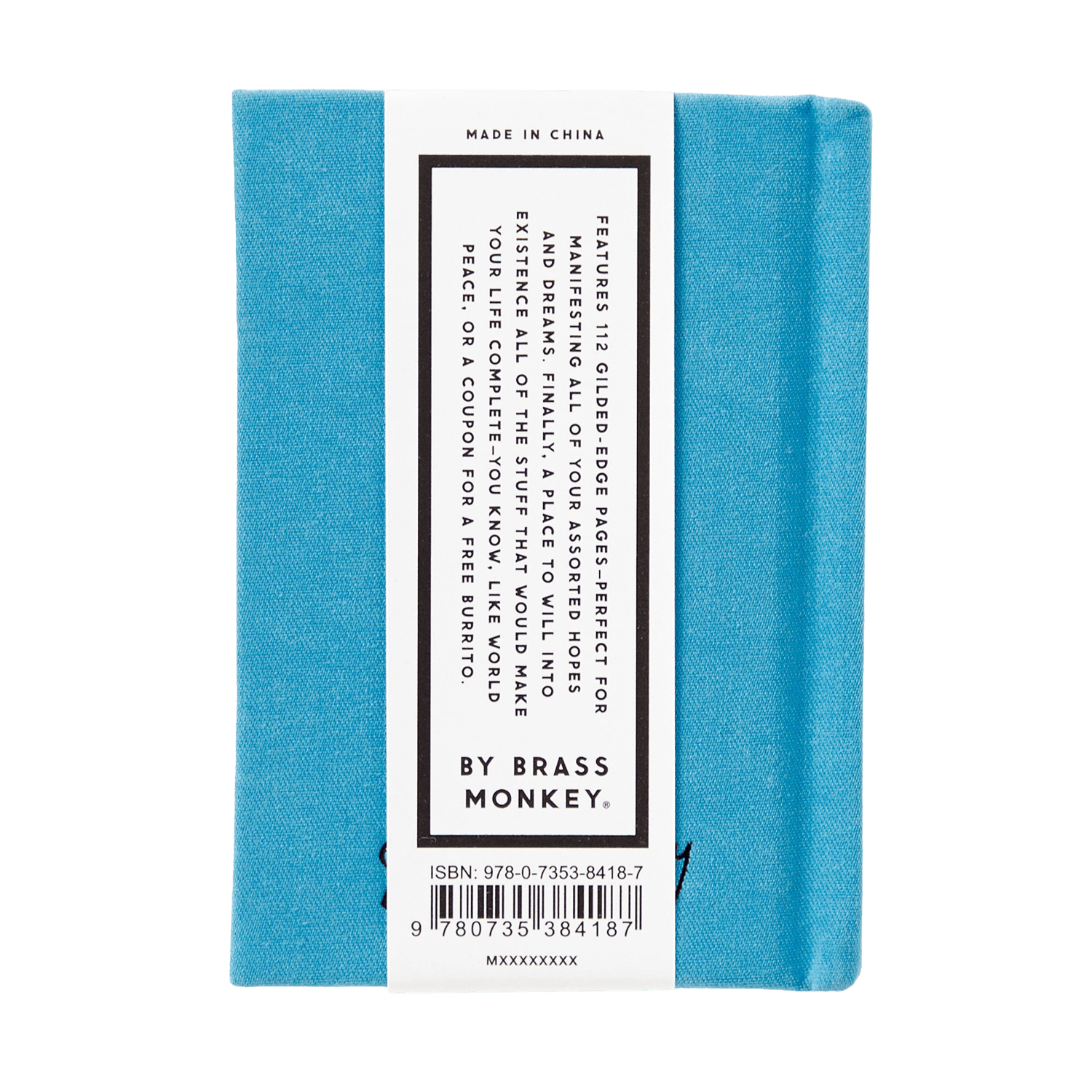 Blue notebook with a white label.