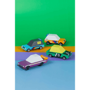 Colorful toy cars on a green, purple, and blue gradient background