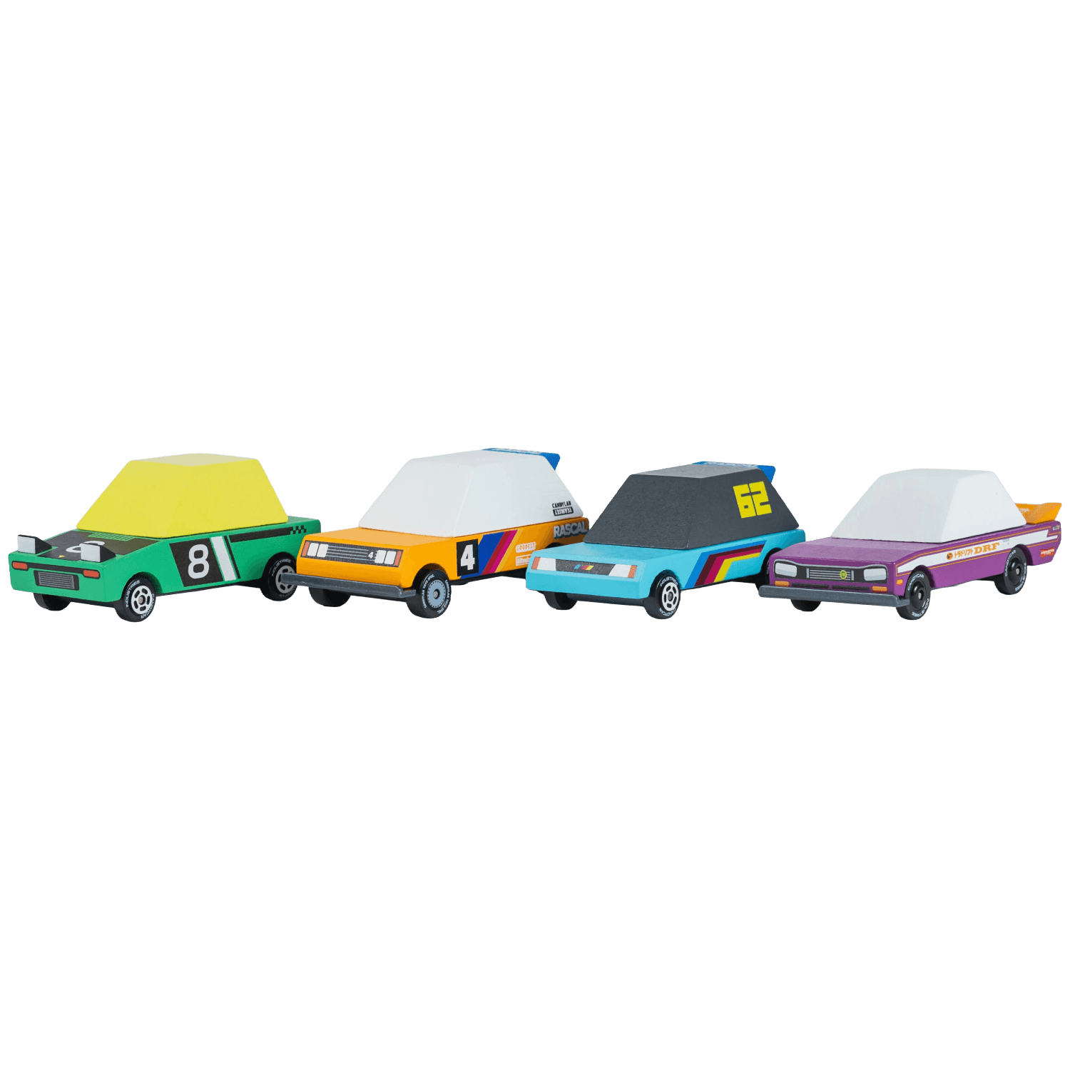 Four colorful toy cars with striped roofs.