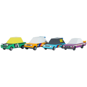 Four colorful toy cars with striped roofs.