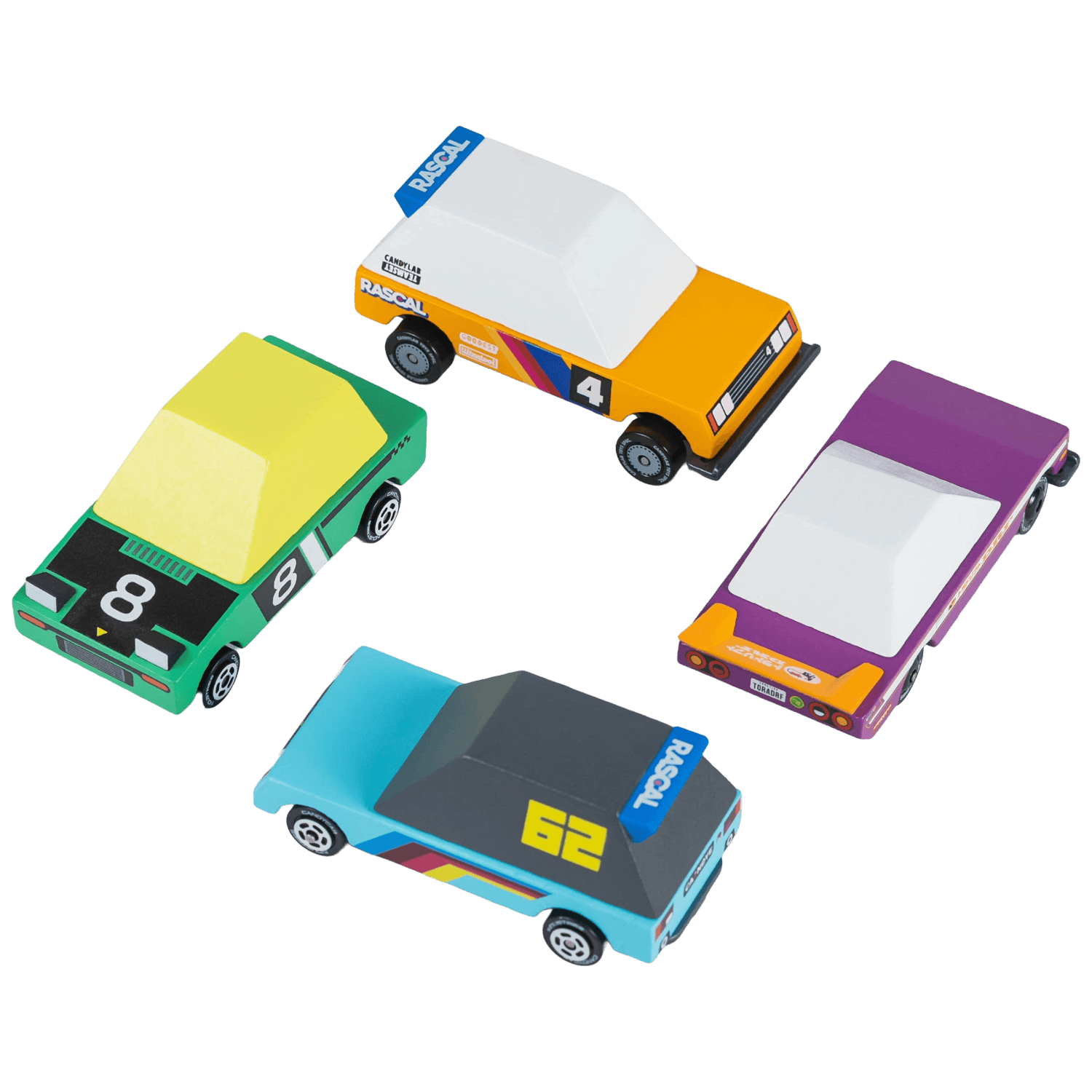 The tops of four colorful toy cars