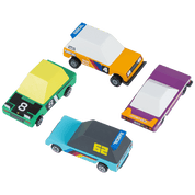 The tops of four colorful toy cars